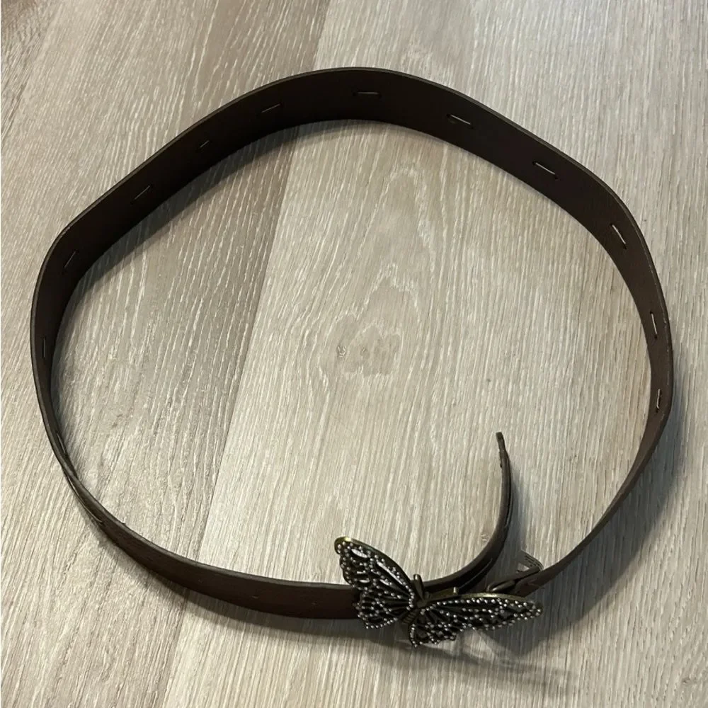 Boho Faux Leather Flower Printed Brown Belt w Bejeweled Brass Butterfly Buckle